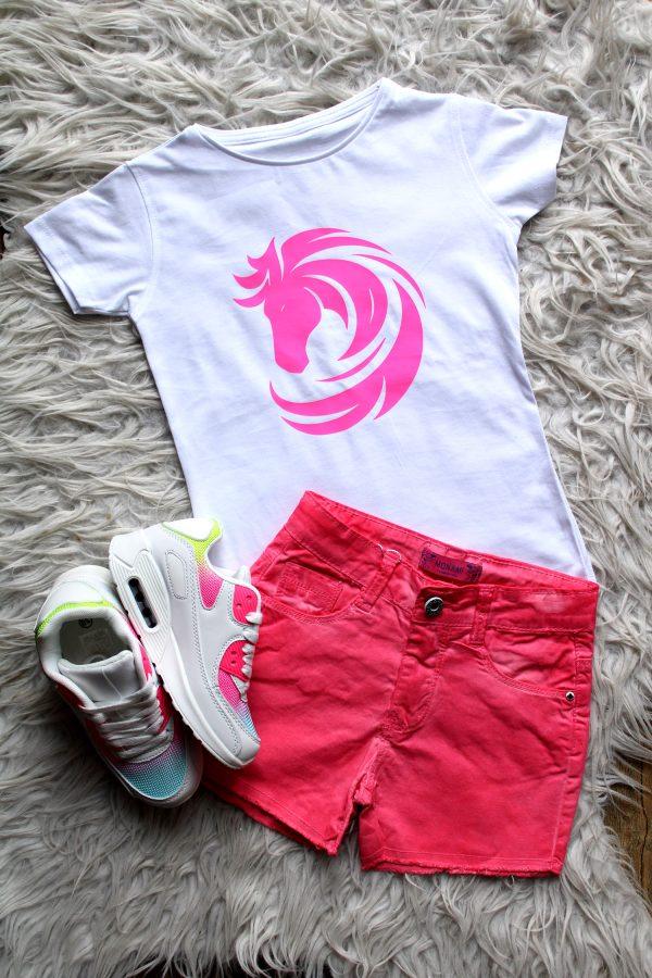 Shirtje T-Shirt Lovehorse roze wit, broekje kort pink, sneakers magic rainbow wit roze