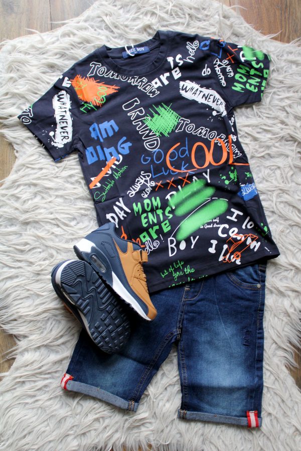 Shirtje good luck blauw, sneakers, Broekje Boys Lee Cooper donker blauw kort, Sneakers Chico bruin blauw