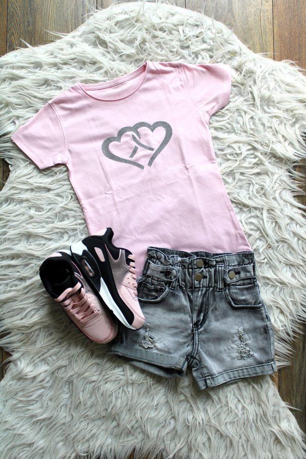 Shirtje T-Shirt Heart Mother and Me roze, sneakers pinkwow roze zwart, broekje girls denim grijs