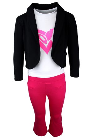 Broekje Flair fuchsia, blazer dark zwart, shirtje love roze wit