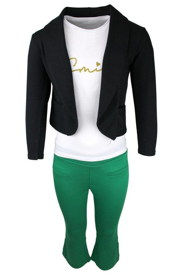 blazer dark zwart, broekje flair groen, shirtje smile wit