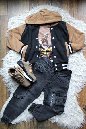 Sneakers Cool bruin, shirtje quad cross bruin, Broekje Jeans Pocket zwart, vestje bomber zwart bruin