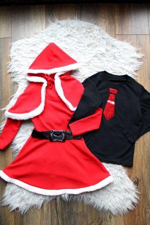 Shirtje Stropdas glitter zilver rood, Jurkje Santa Girl rood