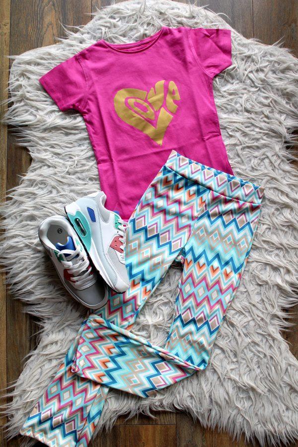 Broekje Flair Zigzag blauw mint, shirtje t-shirt love fuchsia gold